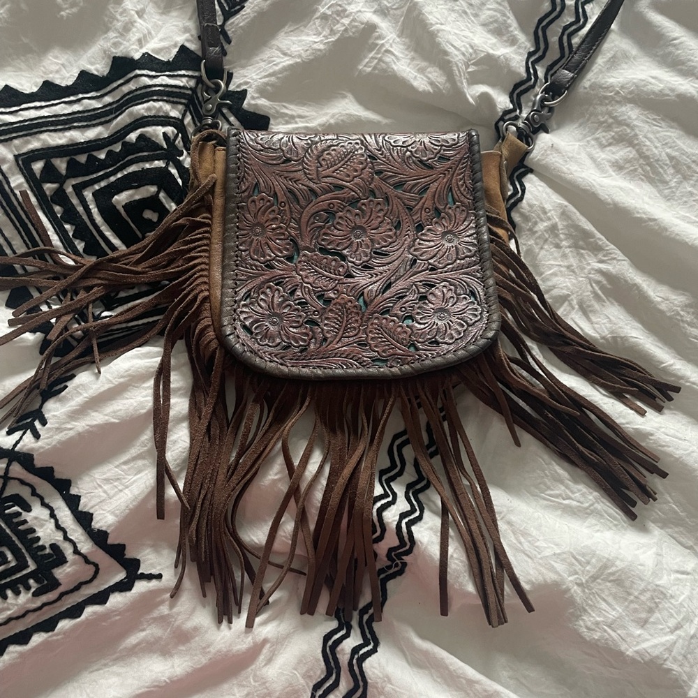 Tooled Leather Fringe Cross Body Purse